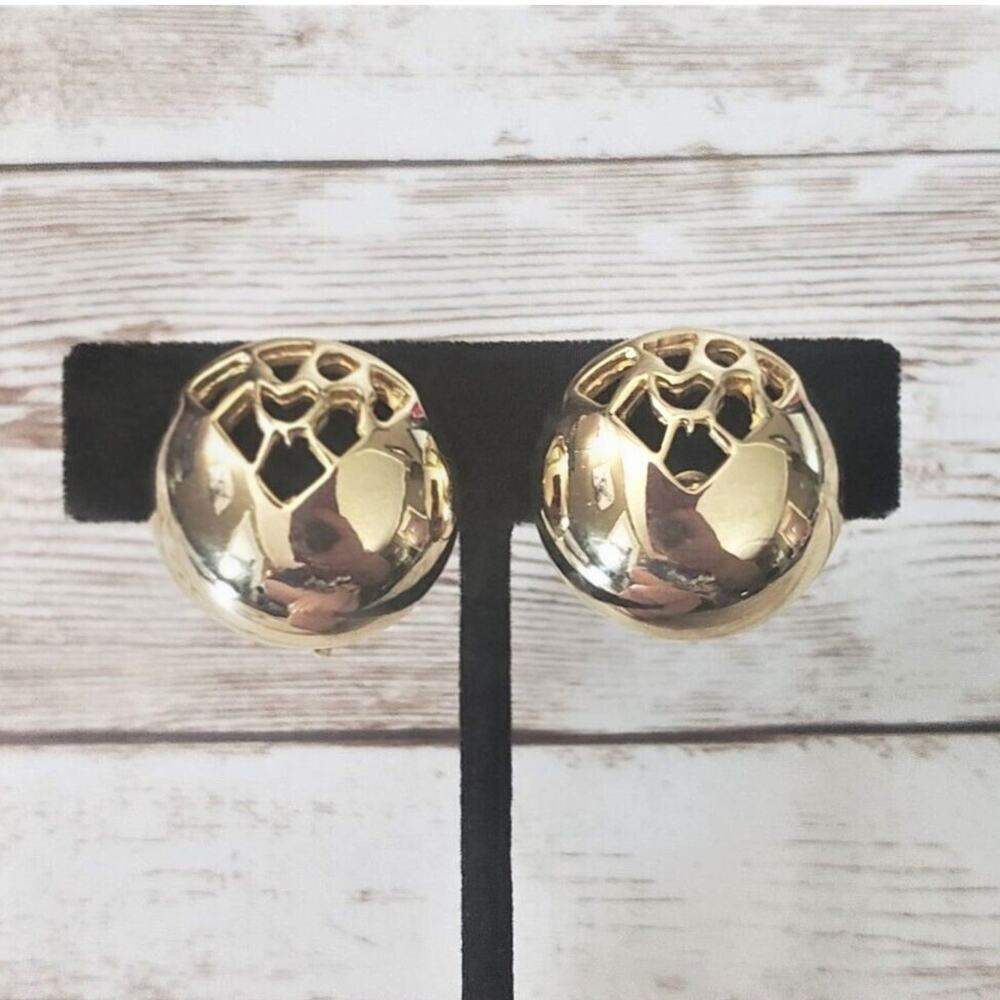 Vintage Clip On Earrings Gold Tone Domed Circle with Cut Out Design